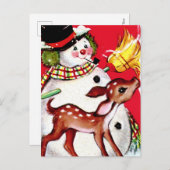 レトロヴィンテージクリスマス雪だるまトナカイ シーズンポストカード (正面/裏面)