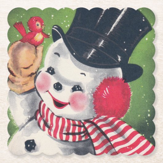 レトロヴィンテージクリスマス雪だるまパーティーコースター ペーパーコースター (正面)