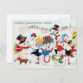 レトロヴィンテージクリスマス雪だるまファミリーホリデイ シーズンポストカード (正面/裏面)