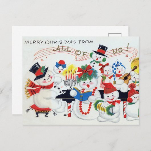 レトロヴィンテージクリスマス雪だるまファミリーホリデイ シーズンポストカード (正面/裏面)