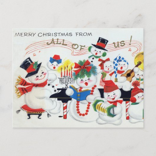 レトロヴィンテージクリスマス雪だるまファミリーホリデイ シーズンポストカード (正面)