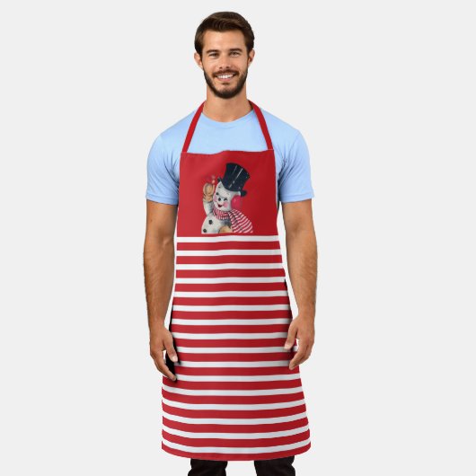 レトロヴィンテージクリスマス雪だるまホリデイ エプロン (着用した状態)