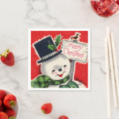レトロヴィンテージクリスマス雪だるまホリデイ スタンダードカクテルナプキン (インサイチュ)