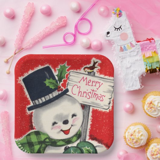 レトロヴィンテージクリスマス雪だるまホリデーパーティー ペーパープレート (パーティー)