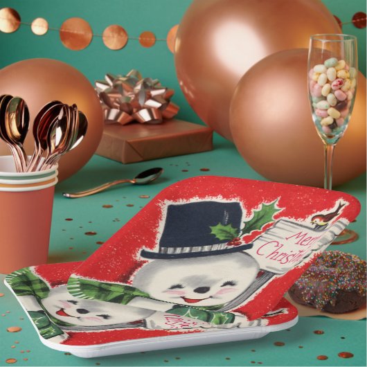レトロヴィンテージクリスマス雪だるまホリデーパーティー ペーパープレート (複数)