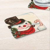 レトロヴィンテージクリスマス雪だるまホリデー スクエアペーパーコースター (アングル)