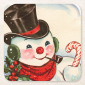 レトロヴィンテージクリスマス雪だるまホリデー スクエアペーパーコースター (正面)