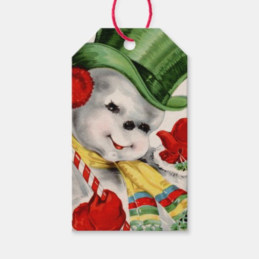 レトロヴィンテージクリスマス雪だるま名の追加ラベル ギフトタグ (正面)