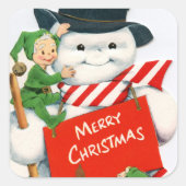 レトロヴィンテージクリスマス雪だるま小妖精や小人ホリデイ スクエアシール (正面)