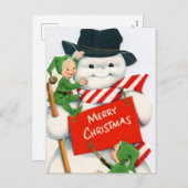 レトロヴィンテージクリスマス雪だるま小妖精や小人 シーズンポストカード (正面/裏面)