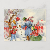 レトロヴィンテージクリスマス雪だるま建物 シーズンポストカード (正面)
