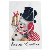 レトロヴィンテージクリスマス雪だるま追加メッセージ ミディアムペーパーバッグ (正面)