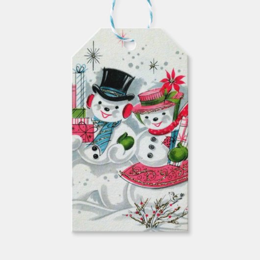 レトロヴィンテージクリスマス雪カップル休日 ギフトタグ (正面)