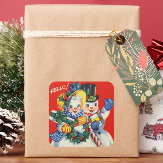 レトロヴィンテージクリスマス雪カップル休日 スクエアシール (クリスマス)