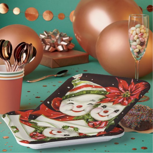 レトロヴィンテージクリスマス雪カップル休日 ペーパープレート (複数)