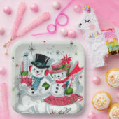 レトロヴィンテージクリスマス雪カップル休日 ペーパープレート (パーティー)