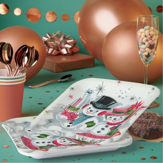 レトロヴィンテージクリスマス雪カップル休日 ペーパープレート (複数)