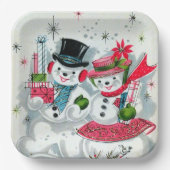 レトロヴィンテージクリスマス雪カップル休日 ペーパープレート (正面)