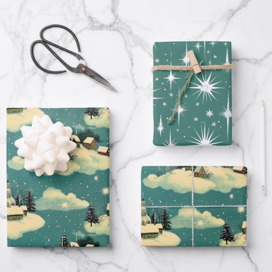 レトロヴィンテージクリスマス：お洒落冬のシーン ラッピングペーパーシート (正面)