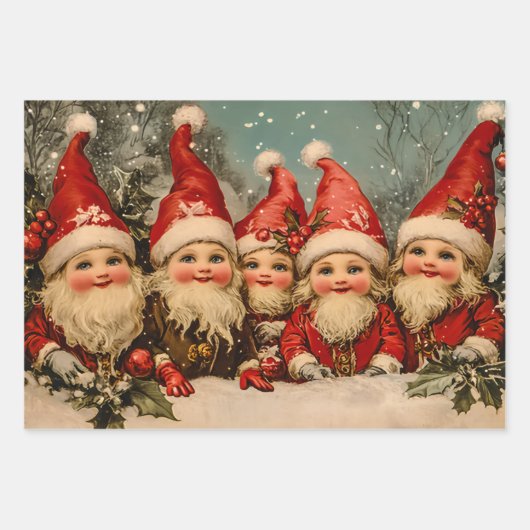 レトロヴィンテージクリスマス：すてき小妖精や小人 ラッピングペーパーシート (正面)