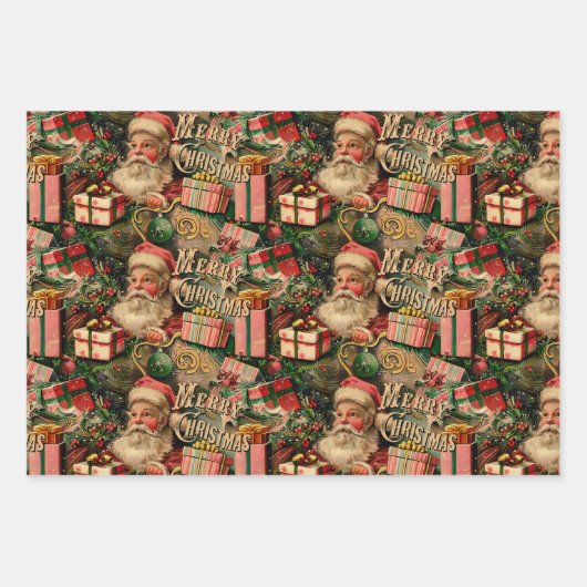 レトロヴィンテージクリスマス:サンタとプレゼント ラッピングペーパーシート (正面3)