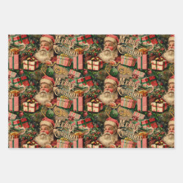 レトロヴィンテージクリスマス：サンタとプレゼント ラッピングペーパーシート