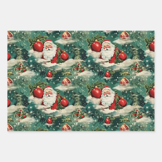 レトロヴィンテージクリスマス：サンタの冬の歓喜 ラッピングペーパーシート (正面)