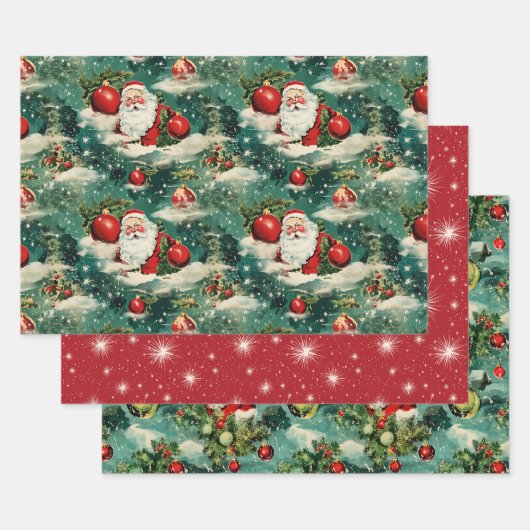 レトロヴィンテージクリスマス：サンタの冬の歓喜 ラッピングペーパーシート (セット)