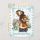 レトロヴィンテージクリスマス、バスケット付き女の子 シーズンポストカード (正面/裏面)