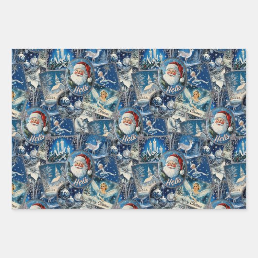 レトロヴィンテージクリスマス:ブルーコラージュ ラッピングペーパーシート (正面)