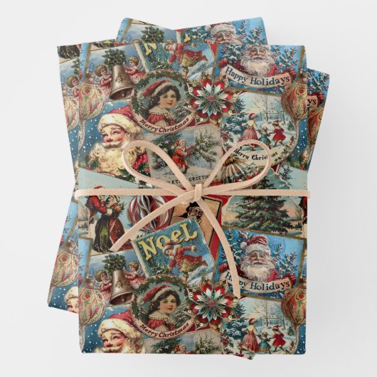 レトロヴィンテージクリスマス：ホリデー応援コラージュ ラッピングペーパーシート (インサイチュ)