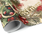 レトロヴィンテージクリスマス：レッドキャンドル&ホリー ラッピングペーパー (ロールコーナー)