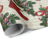 レトロヴィンテージクリスマス:赤いストッキングオンブリック ラッピングペーパー (ロールコーナー)