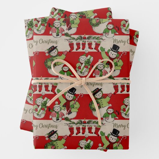 レトロヴィンテージクリスマス：雪だるまファミリー ラッピングペーパーシート (インサイチュ)