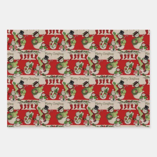 レトロヴィンテージクリスマス：雪だるまファミリー ラッピングペーパーシート (正面)