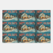 レトロヴィンテージクリスマス：雪の村のシーン ラッピングペーパーシート (正面3)