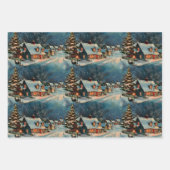 レトロヴィンテージクリスマス：雪の村のシーン ラッピングペーパーシート (正面2)