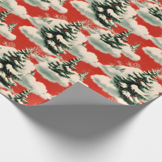 レトロヴィンテージクリスマス：雪の松の木 ラッピングペーパー (角)