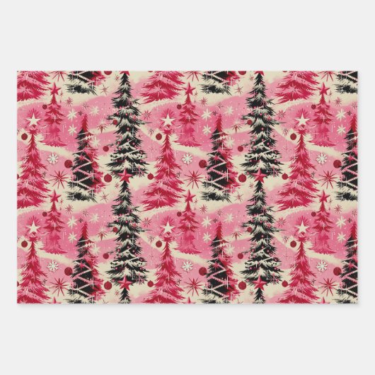 レトロヴィンテージクリスマス： 1950年代ピンククリスマス ラッピングペーパーシート (正面2)