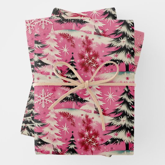 レトロヴィンテージクリスマス： 1950年代ピンククリスマス ラッピングペーパーシート (インサイチュ)