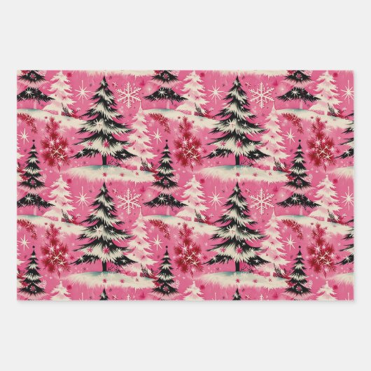 レトロヴィンテージクリスマス: 1950年代ピンククリスマス ラッピングペーパーシート (正面)