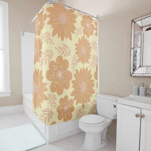 レトロヴィンテージクリームオレンジフローラ シャワーカーテン (インサイチュ)