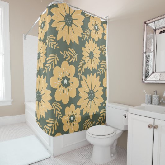 レトロヴィンテージグリーンイエローフローラ シャワーカーテン (インサイチュ)