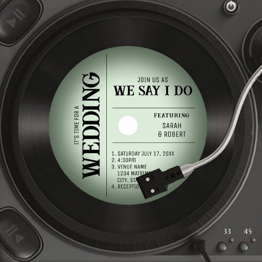 レトロヴィンテージグリーンヴィネットビニール結婚レコード 招待状