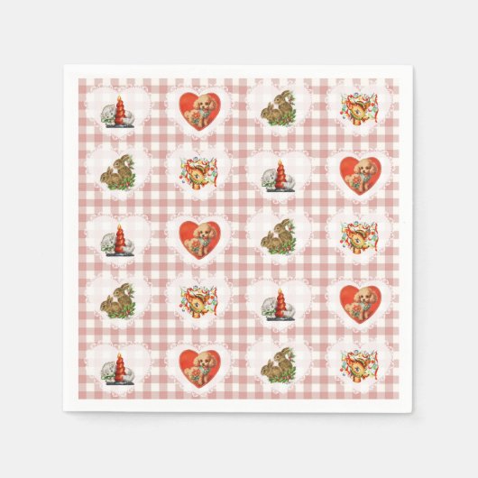 レトロヴィンテージコケットベビーアニマルジンガム スタンダードカクテルナプキン (正面)