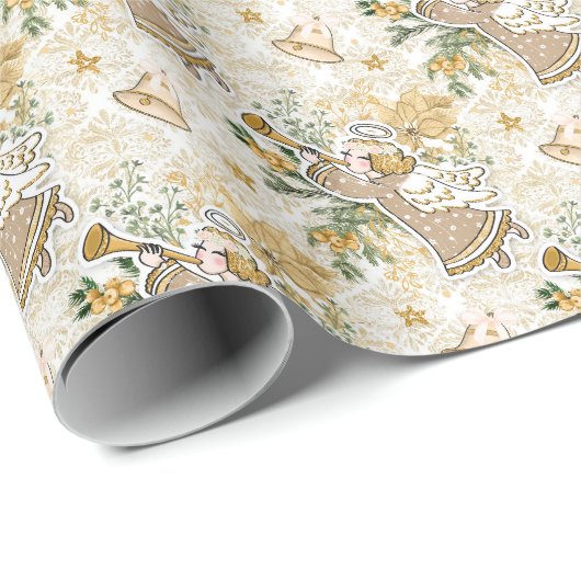 レトロヴィンテージゴールデンクリスマスエンジェル&ホーン ラッピングペーパー (ロールコーナー)