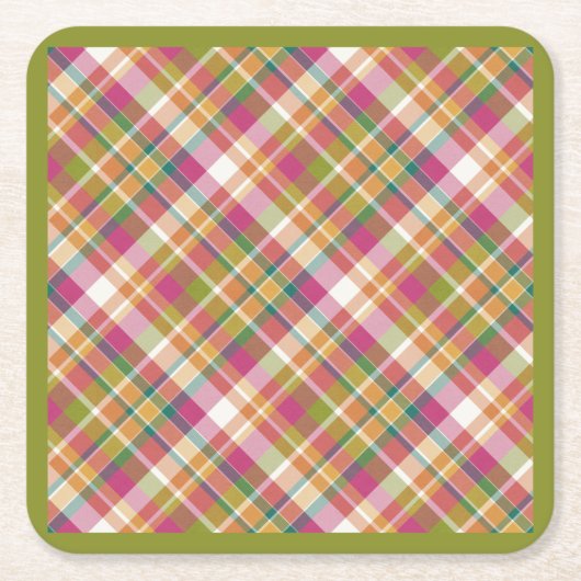 レトロヴィンテージサマープレイドタータンチェック正方形パターン スクエアペーパーコースター (正面)