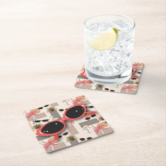 レトロヴィンテージサングラスフラミンゴスパームズ スクエアペーパーコースター (インサイチュ)