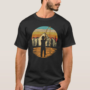 レトロヴィンテージサンセットフライ釣り竿漁師Fis Tシャツ