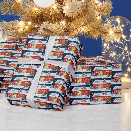レトロヴィンテージサンタシーンホリデイ ラッピングペーパー (クリスマス)